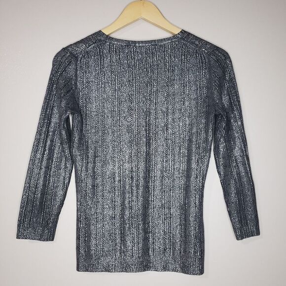 BCBG MaxAzria Small Silver Long Sleeve Metallic V-neck Sweater Top - Picture 4 of 9